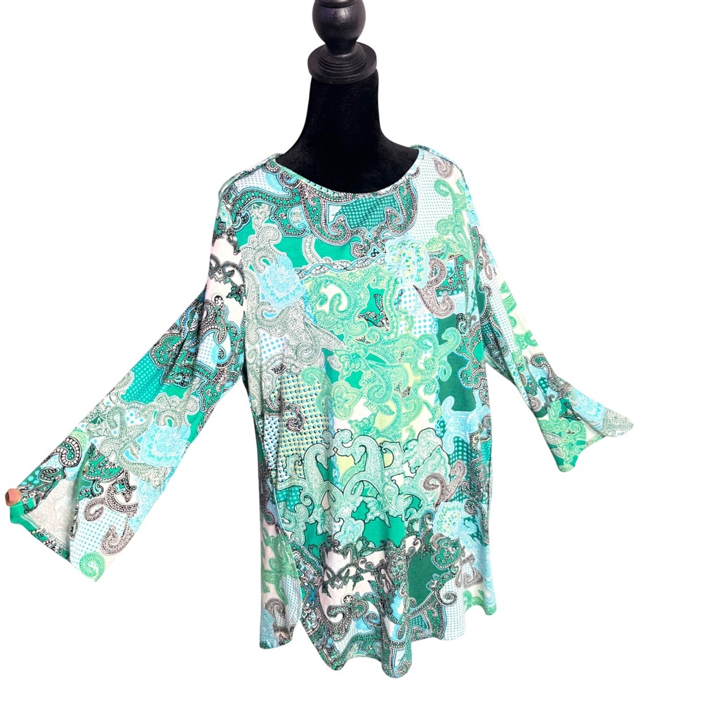 Chicos Zenergy Green Paisley 3/4 Sleeve Tunic‎ Top Size 12/14 Stretch Eclectic